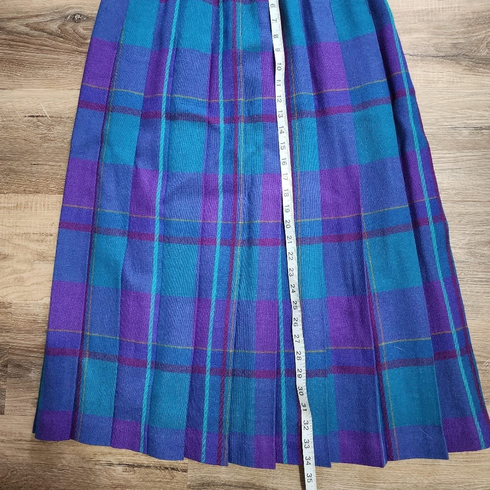 VTG 1987 TJ Thermo Jac Pure Wool Pleated Midi Skirt Teal/Purple Plaid Waist 30" - Picture 3 of 10
